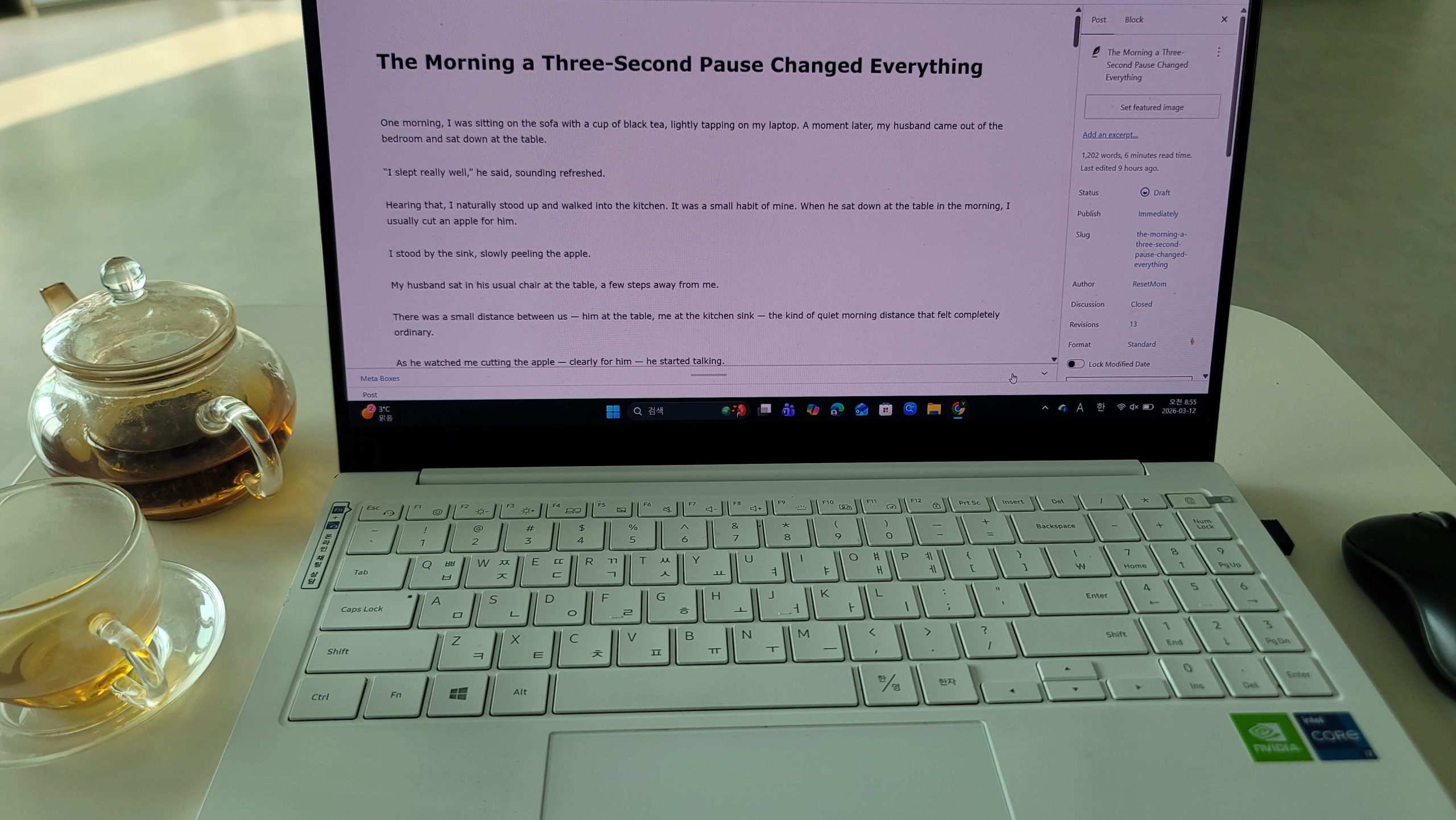 writing a reflective blog post with tea on a quiet morning