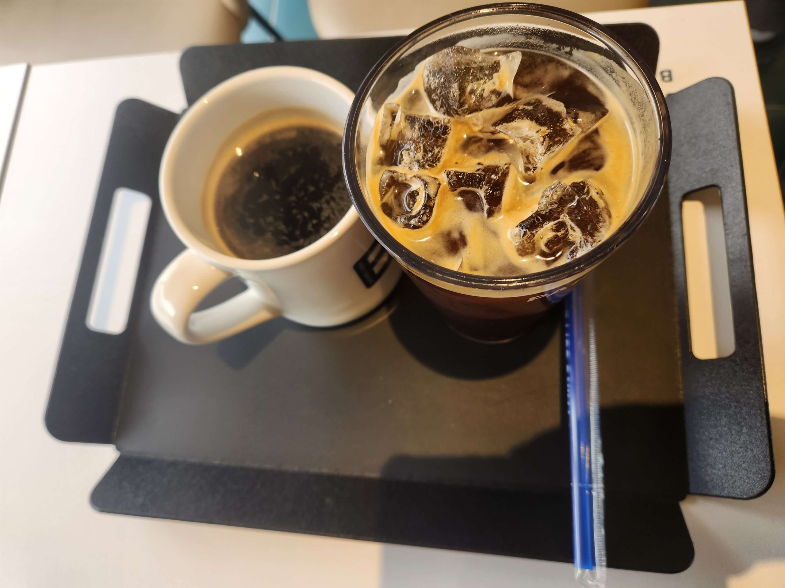 Two cups of coffee on a table during a quiet conversation in a cafe
