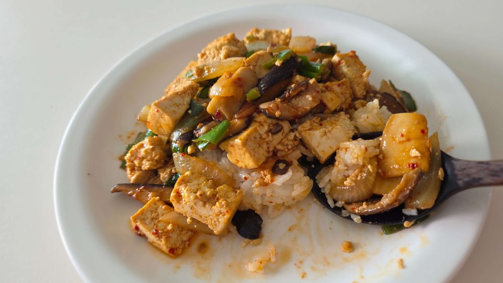 A slow morning meal with tofu, mushrooms, and rice before a long drive