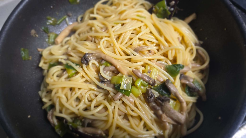 A pan of homemade soy sauce pasta prepared later in the day