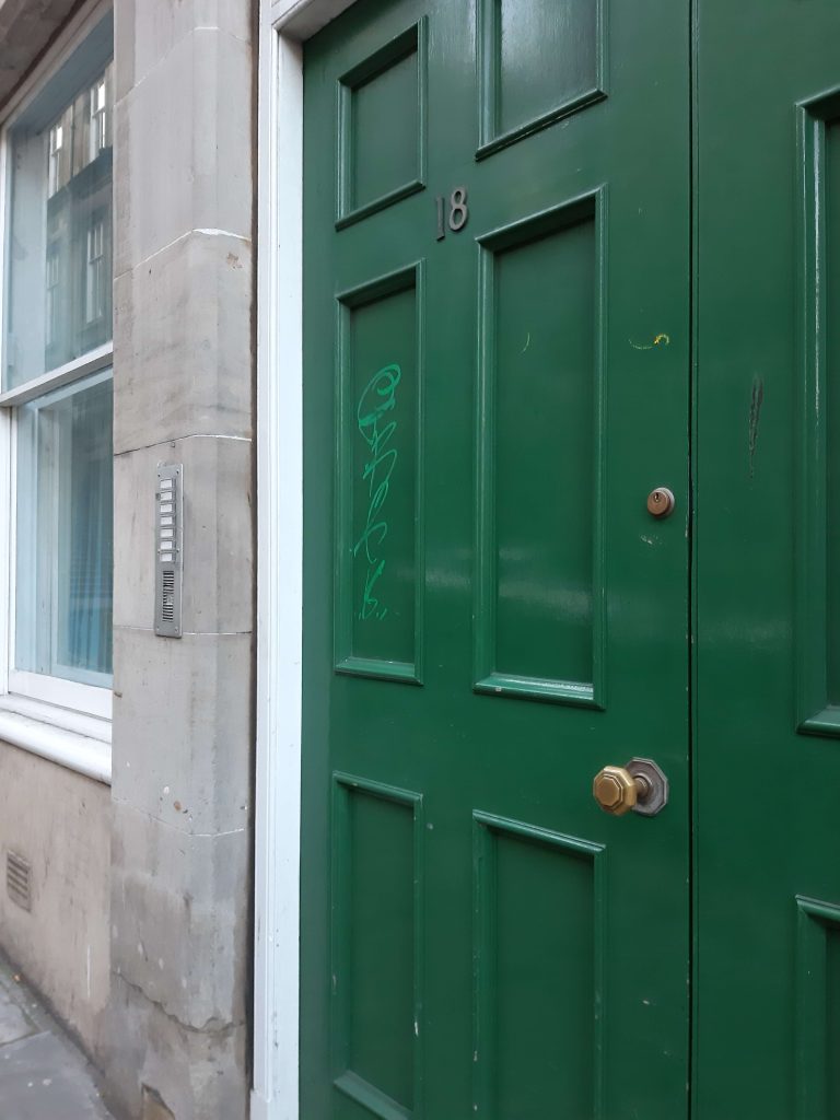 Green door of my old student residence in Edinburgh