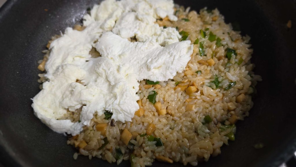 Soy sauce fried rice topped with fresh mozzarella