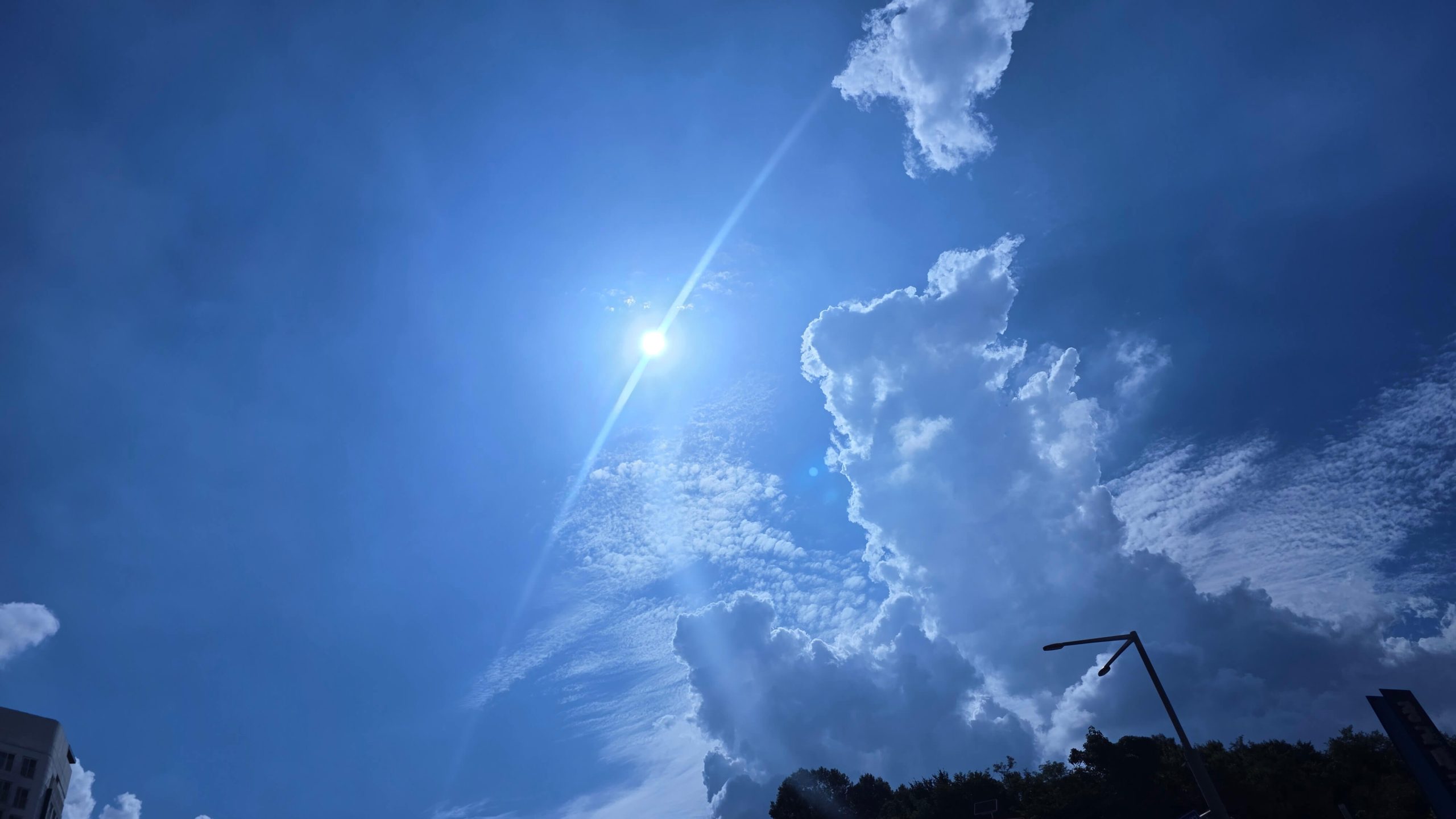 Blue sky and large white clouds at a highway rest stop