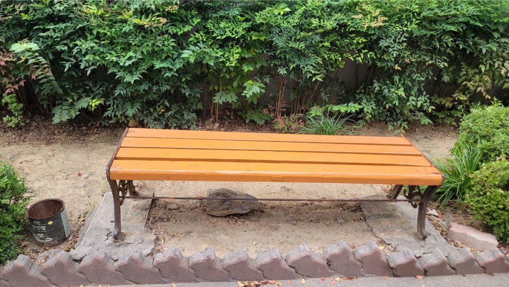 A bench under the trees beside our apartment building
